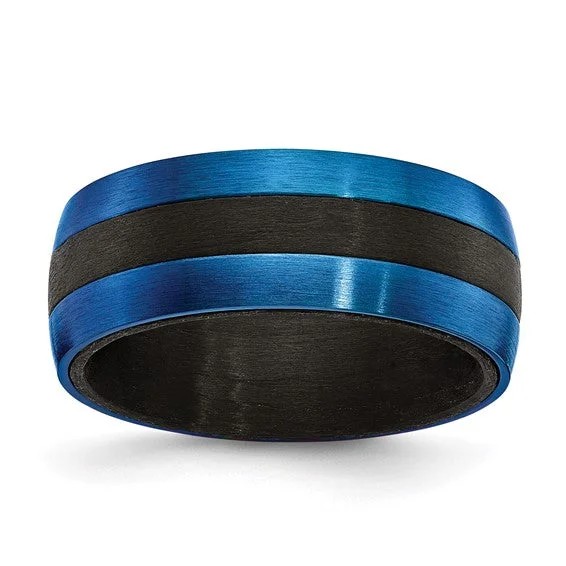 Simple Wedding Rings For Elegant Couples-Black Carbon Fiber with Brushed Blue IP-plated Stainless Steel 8mm Band