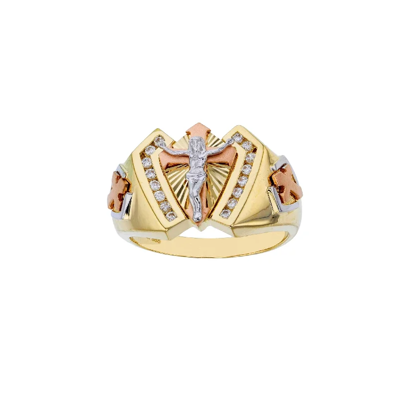 Beautiful Diamond Rings For Bridal Glam-Tri-color Textured Channel Jesus Crucified Ring (14K)