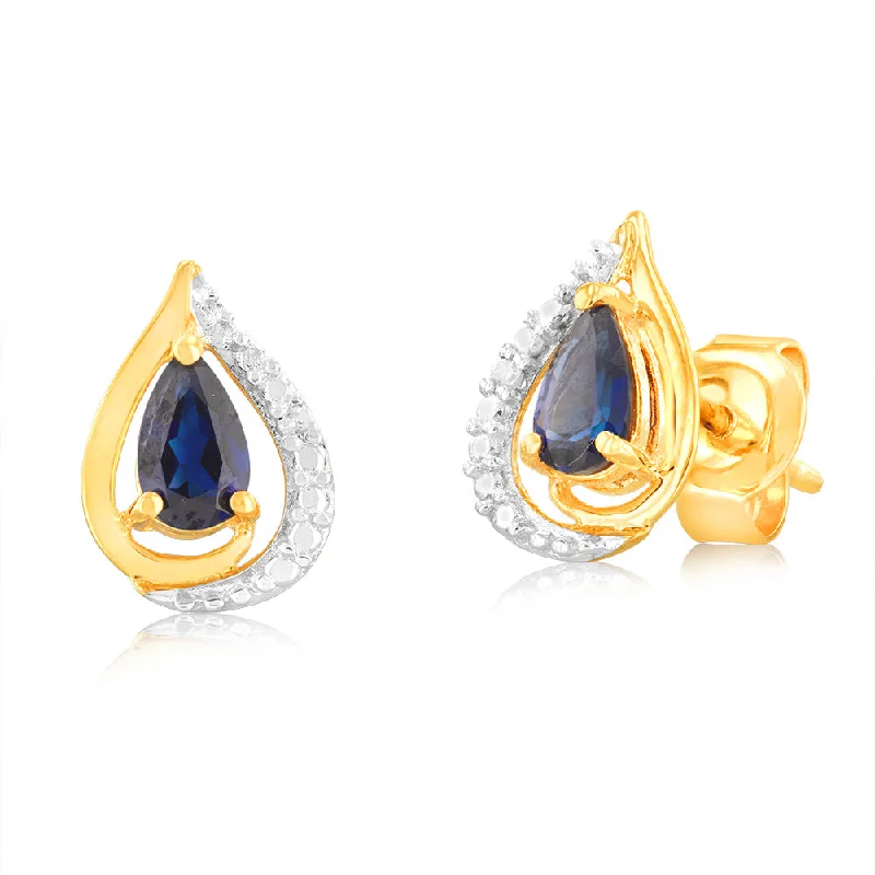 Rainbow Earrings For Colorful Looks-9ct Yellow Gold Created Sapphire 5x3mm & Diamond Stud Earrings