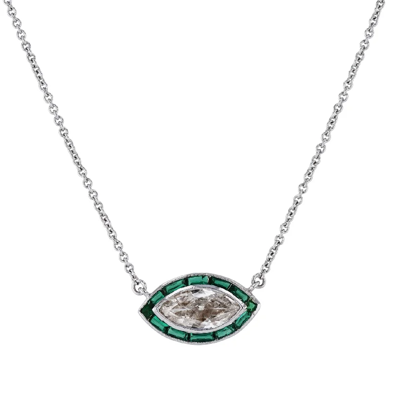 Marquise Cut Diamond and Emerald Estate Pendant Necklace