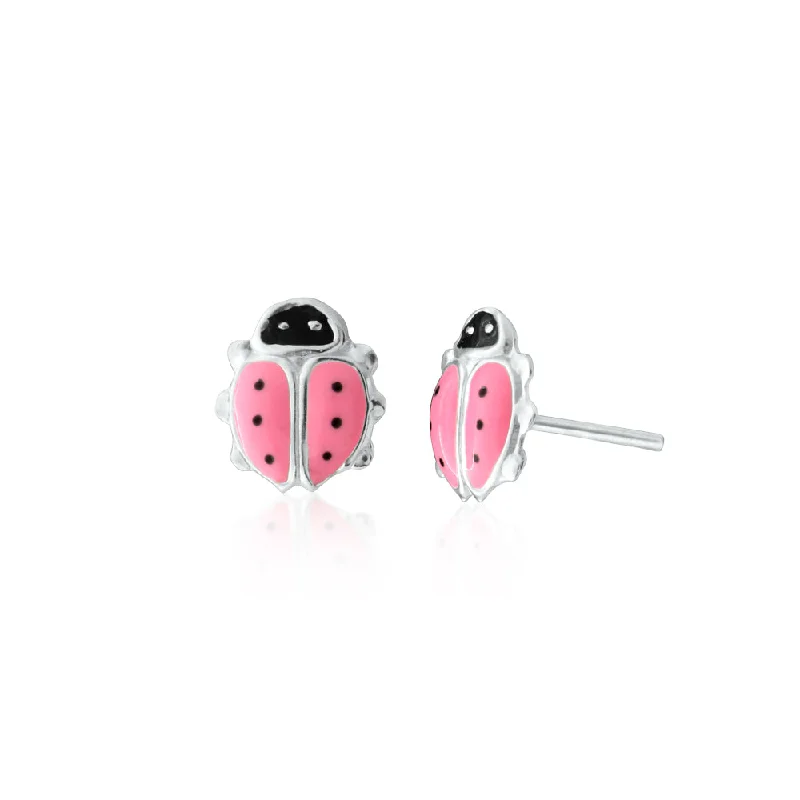 Silver Hoop Earrings For Chic Style-Sterling Silver Pink and Black Ladybird Stud Earrings