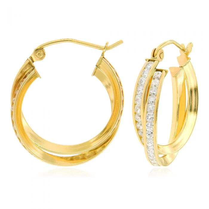 Beaded Earrings For Craft Lovers-9ct Yellow Gold Silverfilled Double Twisted Hoop Zirconia Earrings