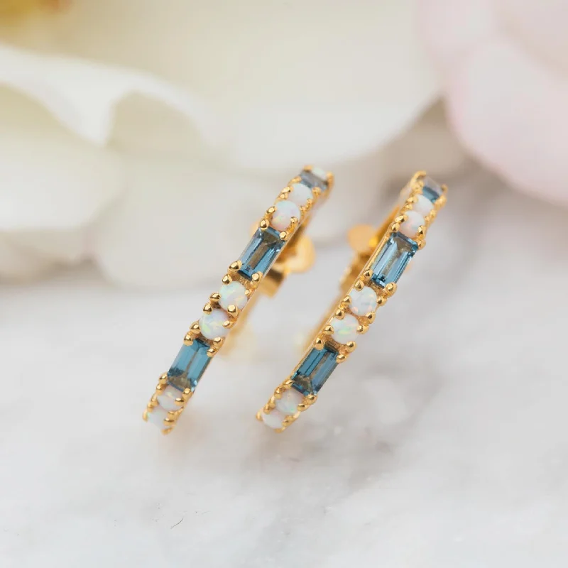 Gold Plated Earrings For Vintage Appeal-London Blue Topaz & Opal Bridge Hoops