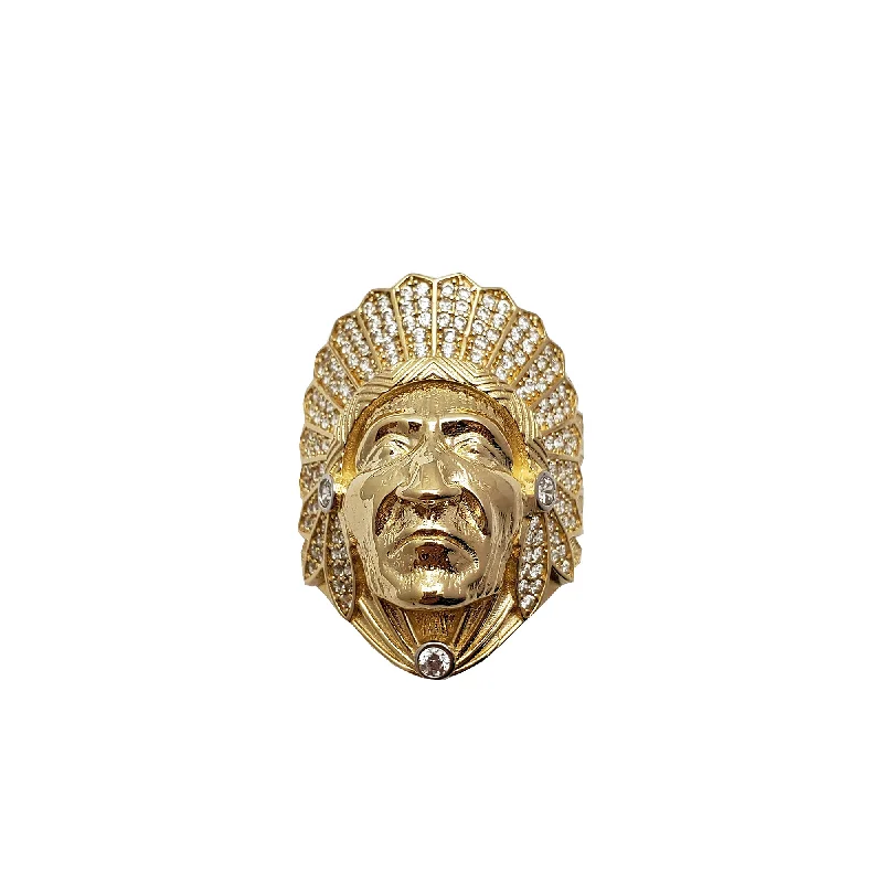 Customizable Wedding Rings For Personalized Designs-Iced-Out Indian Chief Head Ring (14K)