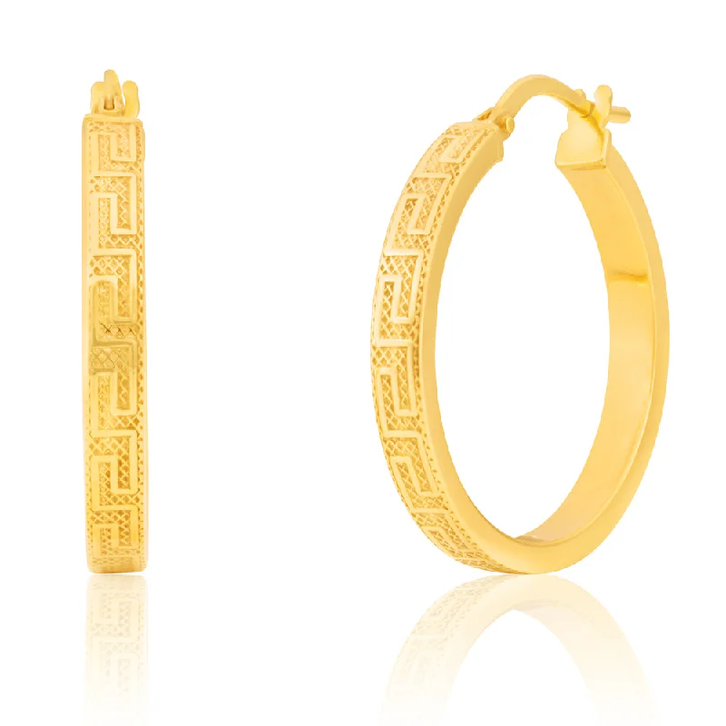 Unique Colored Earrings For Stylish Women-9ct Yellow Gold SilverFilled 20mm Hoop Earrings with Greek Key of Life Design