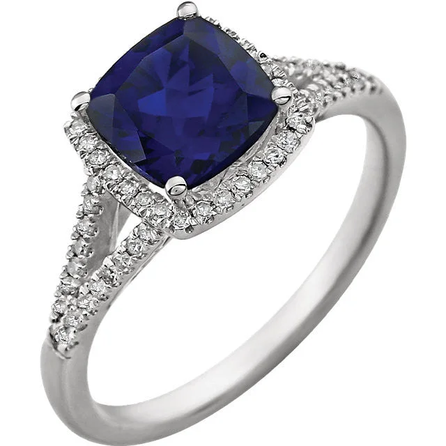 Affordable Diamond Rings For Everyday Glam-14K White Gold 7mm Cushion Cut Created Blue Sapphire & Diamond Halo Ring