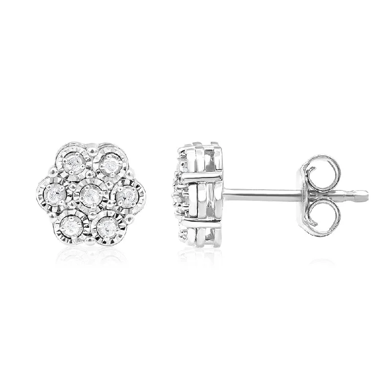 Minimal Silver Earrings For Subtle Style-Sterling Silver 1/10 Carat Diamond Flower Shaped Stud Earrings