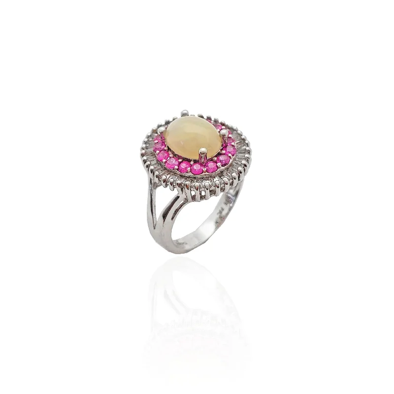 Custom Birthstone Rings For Special Occasions-Pink Stones Halo Opal CZ Ring (Silver).