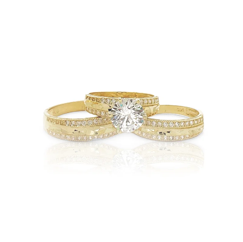 Vintage-Inspired Rings For Retro Style-Milgrain Pave Setting Diamond-Cut Three Piece-Set Ring (14K)