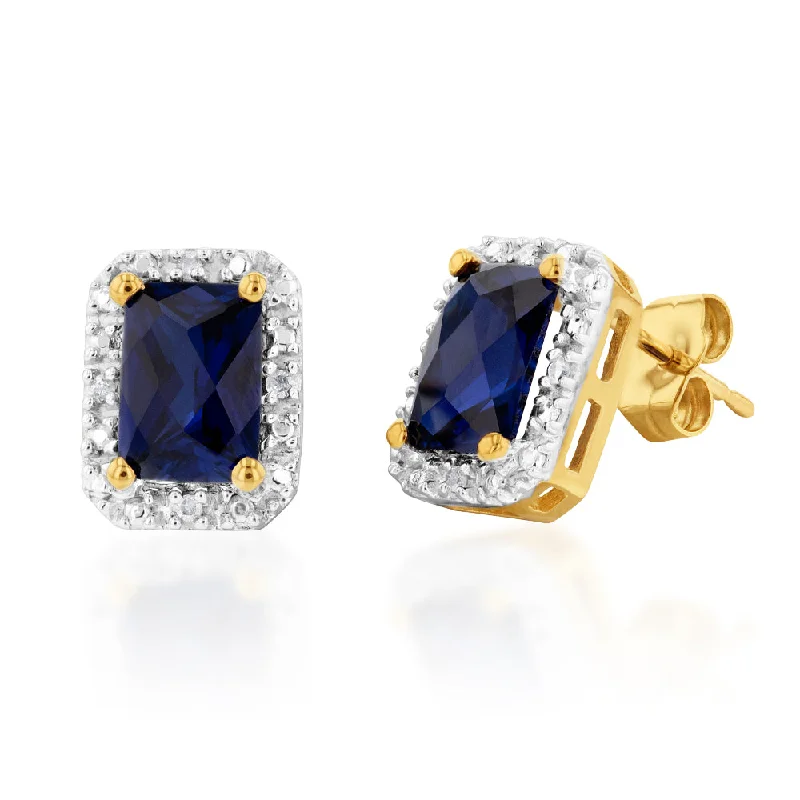 Popular Earrings For Fashion Trends-9ct Yellow Gold Created Sapphire and Diamond Stud Earrings