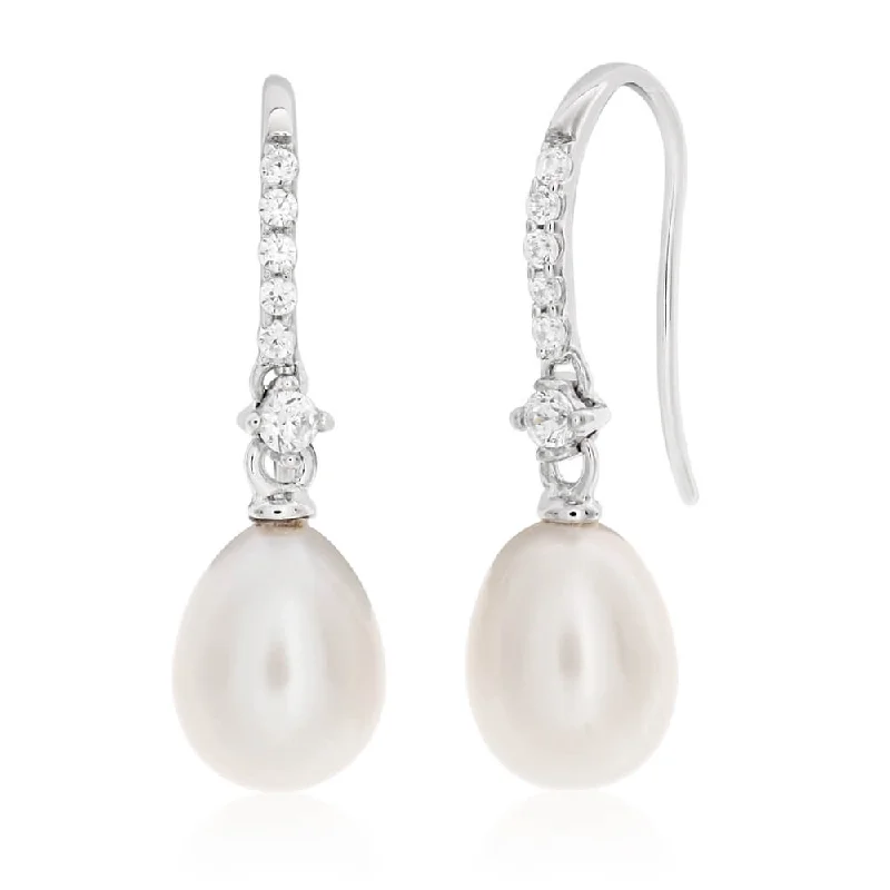 Elegant Bead Earrings For Classy Fashion-Sterling Silver White Freshwater Pearl + Cubic Zirconia Drop Earrings