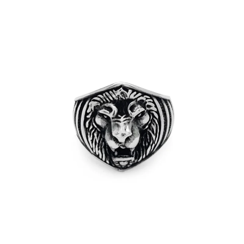 Bold Statement Rings For Fashion Enthusiasts-Antique Finish Lion Head Ring (Silver)