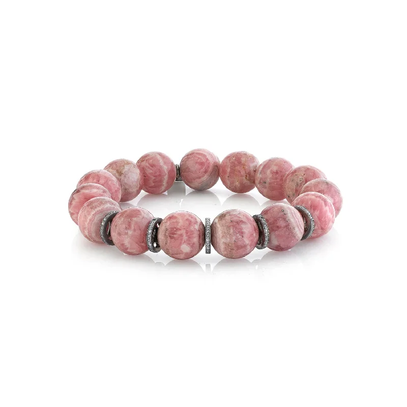 Trendy Gold-Plated Bracelets For Budget Glam-Rhodochrosite Bracelet with Five Diamond Rondelles - 12mm  B0002021