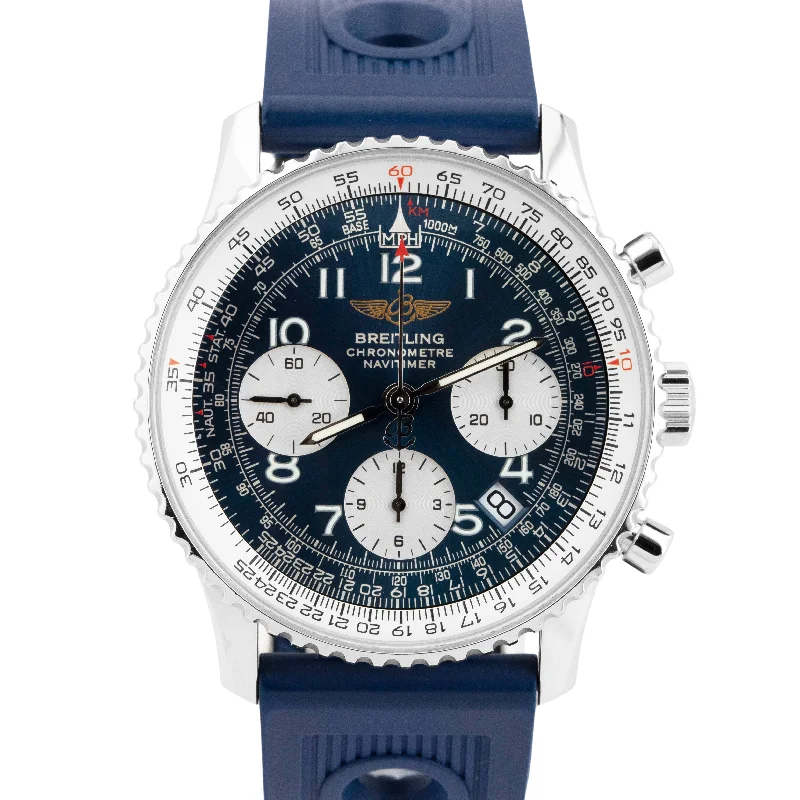 Beautiful Luxury Watches With Diamond Encrustations-MINT Breitling Navitimer Chronograph 42mm Blue Stainless Steel Watch A23322