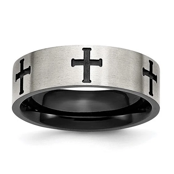 Simple Gemstone Rings For Everyday Wear-Stainless Steel Brushed Polished Black IP-plated Crosses 7mm Band