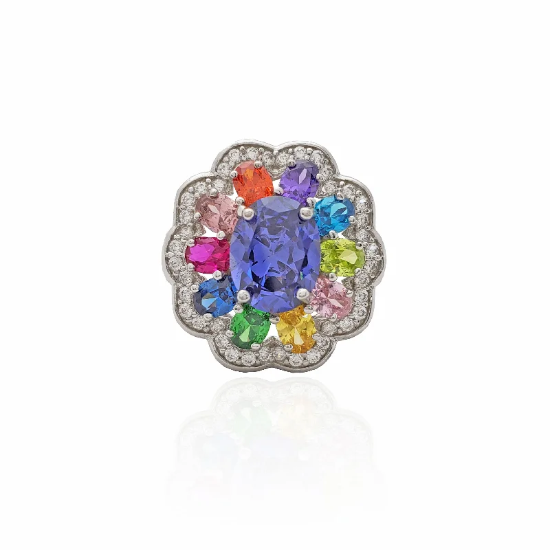 Personalized Engagement Rings For Special Proposals-Multi-Color Flower CZ Ring (Silver).