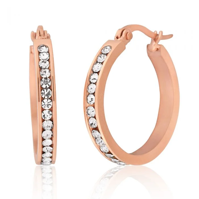 Glittery Earrings For Dazzling Nights-Stainless Steel Rose Gold Plated 25mm Full Circle Crystal Hoop Earrings