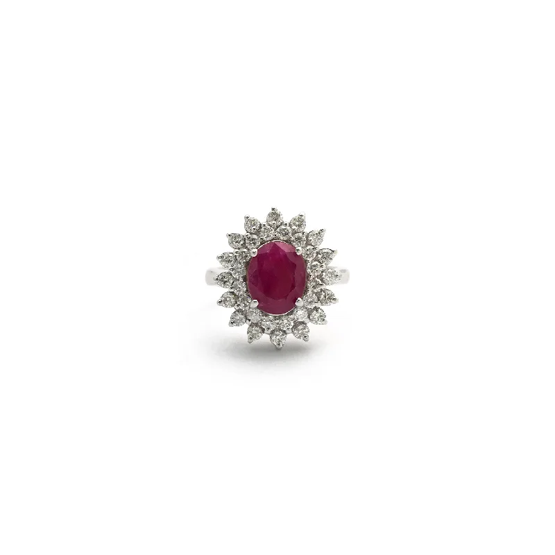 Trendy Stackable Engagement Rings For Chic Brides-Ruby & Diamond Sunburst Cocktail Ring (14K)