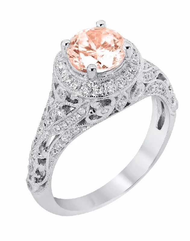 Classic Diamond Rings For Timeless Beauty-14k White Gold Round Morganite and Diamond Halo Vintage Style Engagement Ring