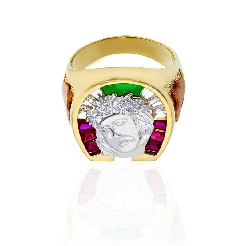 Classic Gold Wedding Bands For Timeless Beauty-Jesus Multi-Color CZ Ring (14K)