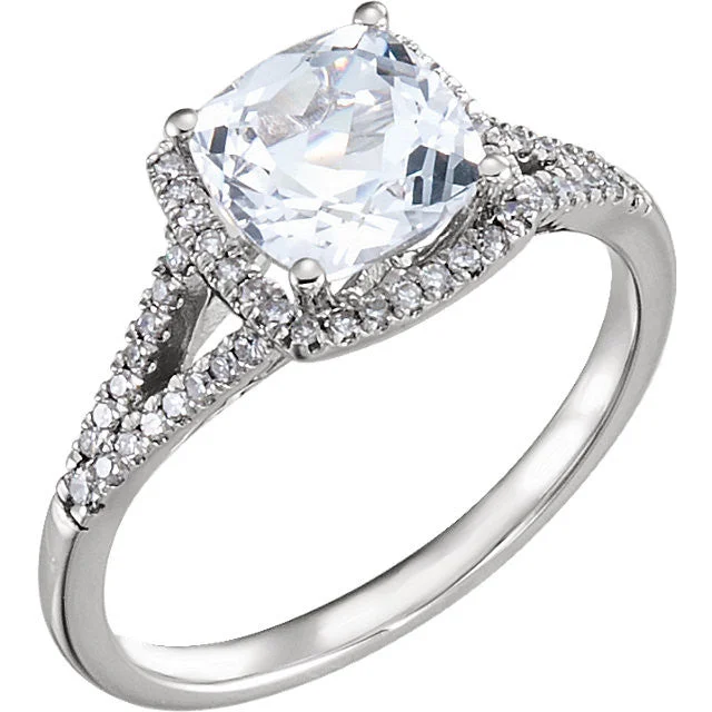 Custom Rings For Special Occasions-14K White Gold 7mm Cushion Cut Created White Sapphire & Diamond Halo Ring