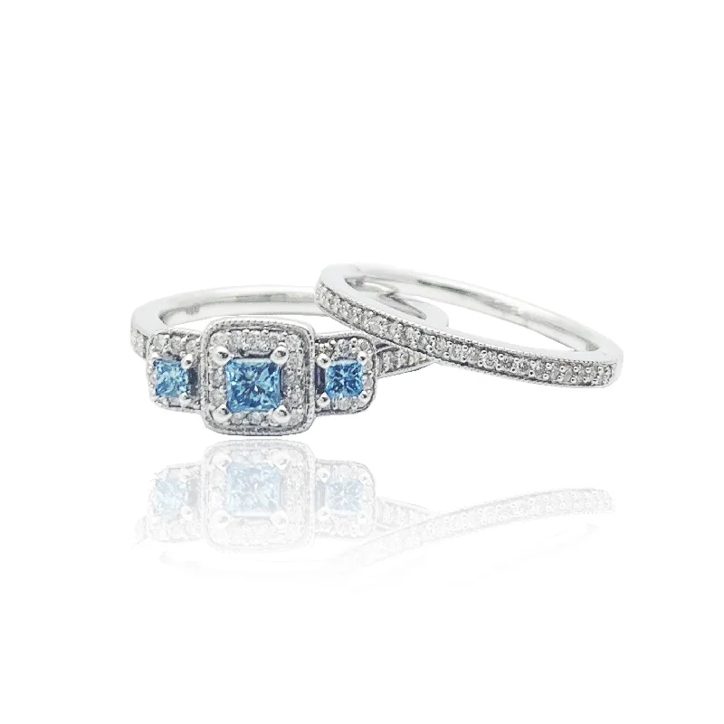 Luxury Cocktail Rings For Glamorous Nights-Three Stone Aquamarine Bridal Diamond Set Ring (14K)