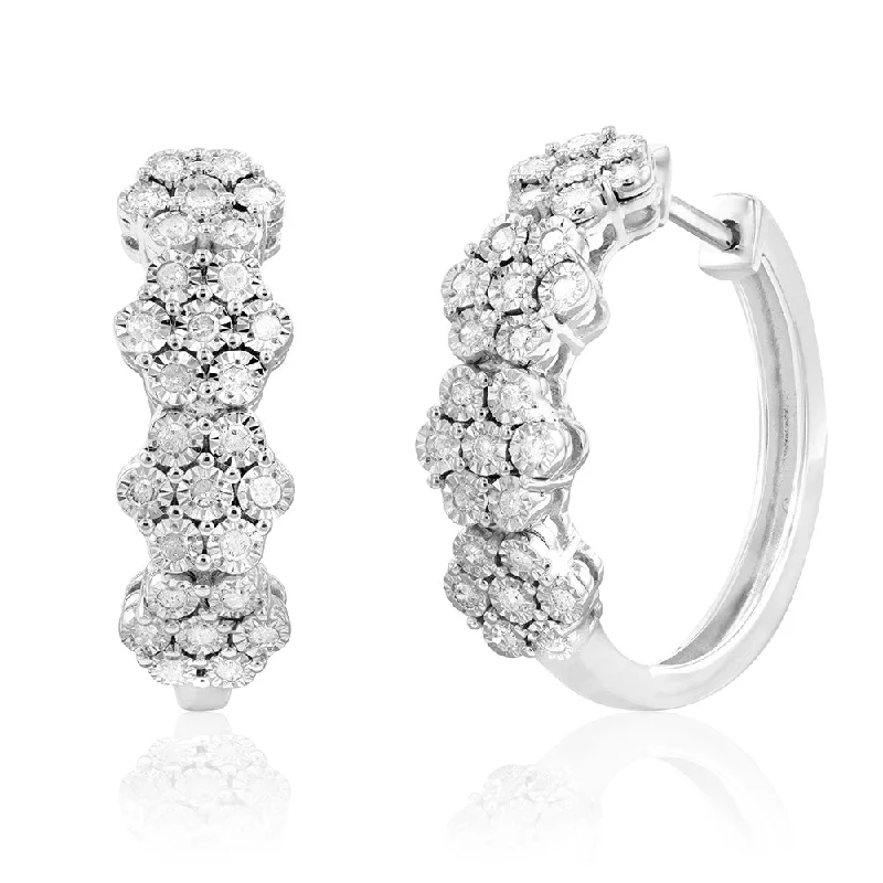 Cute Heart Earrings For Love Gifts-1/4 Carat Diamond Flower Hoop Earrings in Sterling Silver