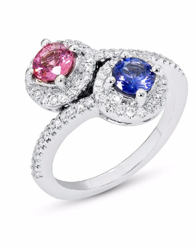 Colorful Diamond Rings For Fun Glam-14k White Gold 2-Stone Pink and Blue Sapphire Diamond Halo Ring