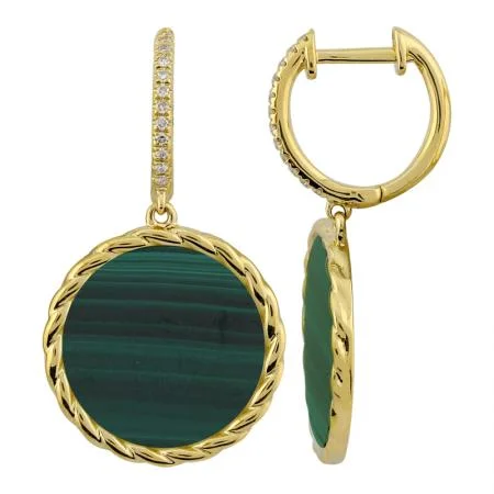 Floral Earrings For Feminine Touch-14K Yellow Gold Malachite and Diamond Drop Earrings