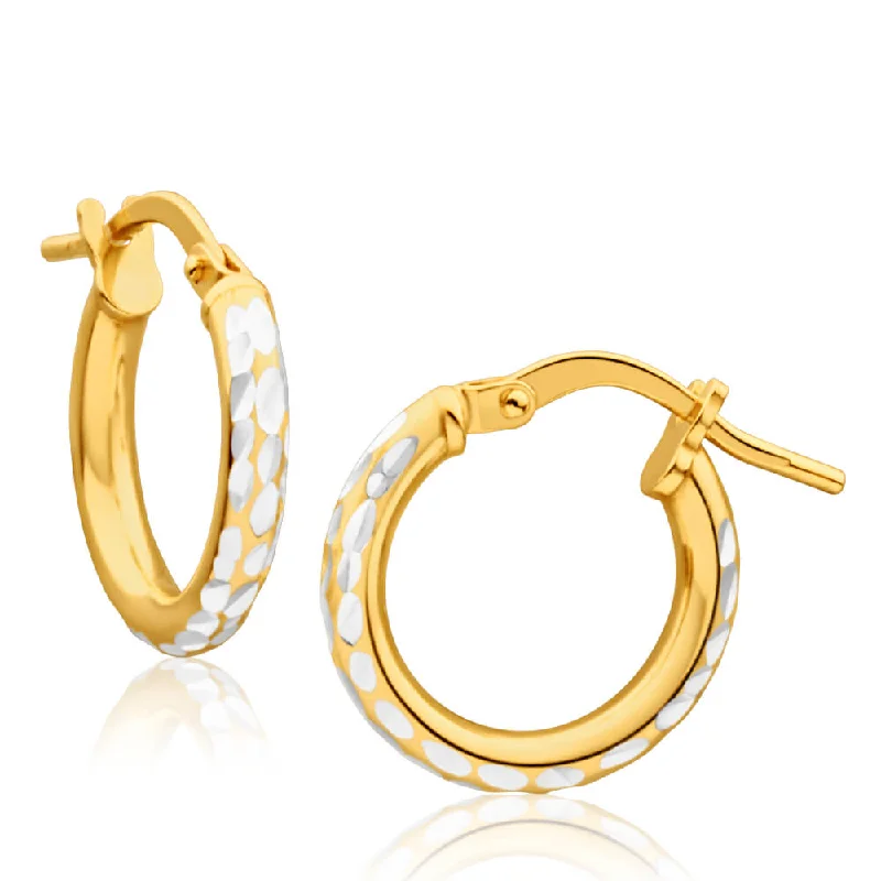 Wedding Earrings For Brides-9ct Yellow Gold Silver Filled 10mm Hoop Earrings With Diamond Cut Feature