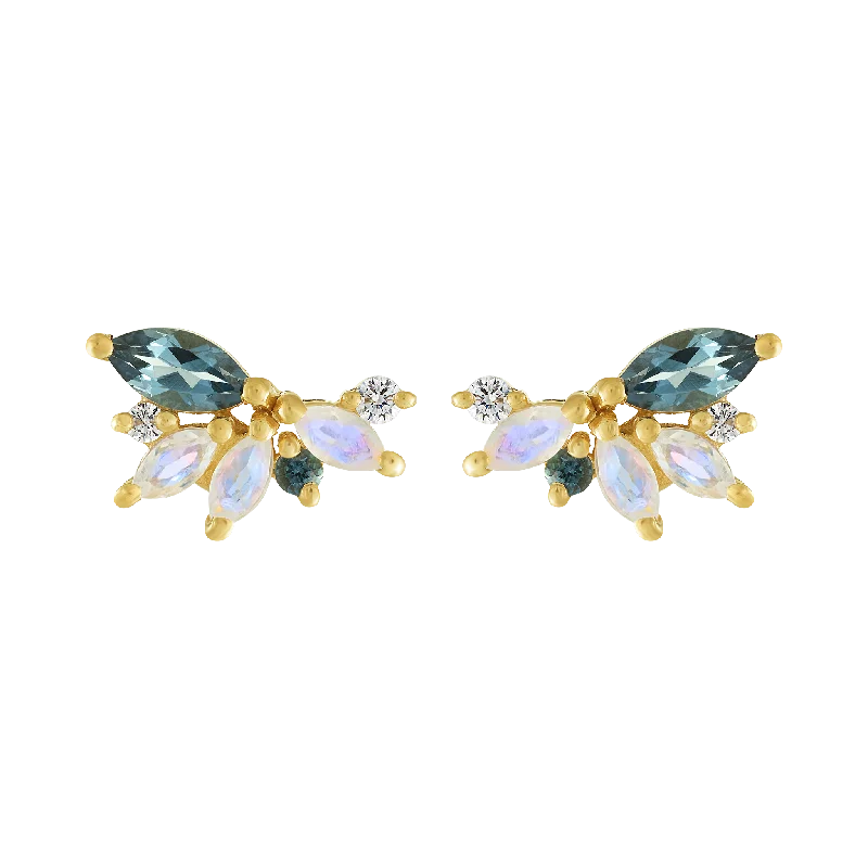 Elegant Gemstone Earrings For Weddings-Rainbow Moonstone & London Blue Topaz Butterfly Studs