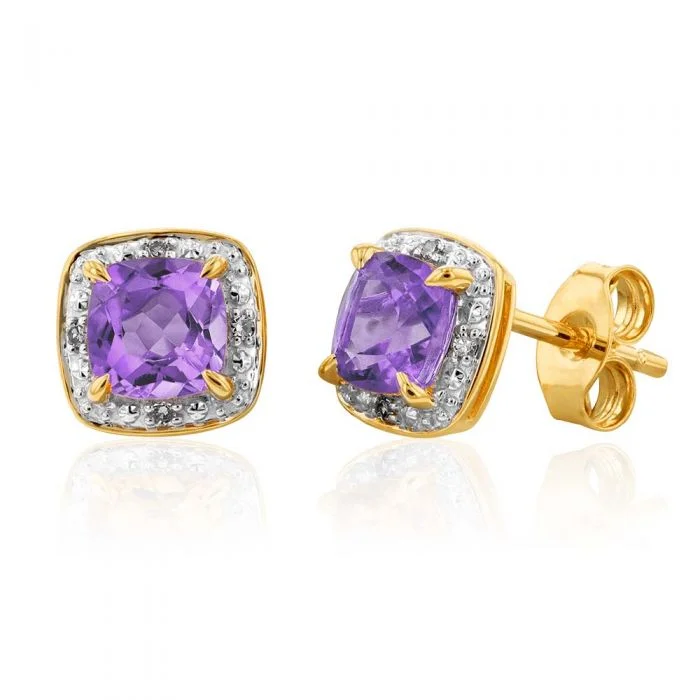 Personalized Earrings For Custom Looks-9ct Yellow Gold Amethyst and Diamond Stud Earrings