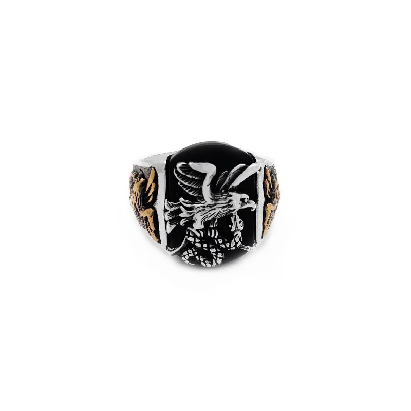 Luxury Engagement Rings For Stylish Brides-Black Onyx Eagle & Snake Ring (Silver)