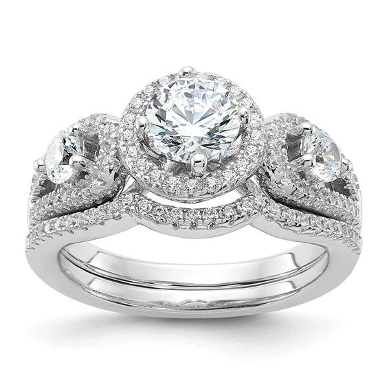 Sparkling Diamond Rings For Luxury Glam-Sterling Silver CZ Brilliant Embers 2-Piece Wedding Set