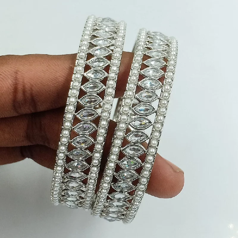 Unique Silver-Plated Wedding Bangles For Bridal Fashion-Jcm Silver Plated Crystal Stone And Pearls Bangles Set