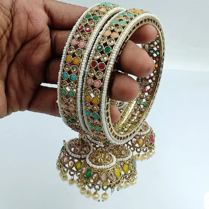 Simple Custom Birthstone Bangles For Personalized Gifts-Jcm Gold Plated Crystal Stone And Pearls Bangles Set