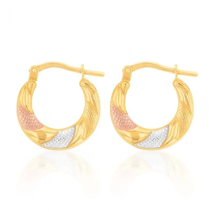 Eye-catching Earrings For Attention-Grabbing Style-9ct Yellow Gold Silver Filled Three Tone Patterned Hoop Earrings