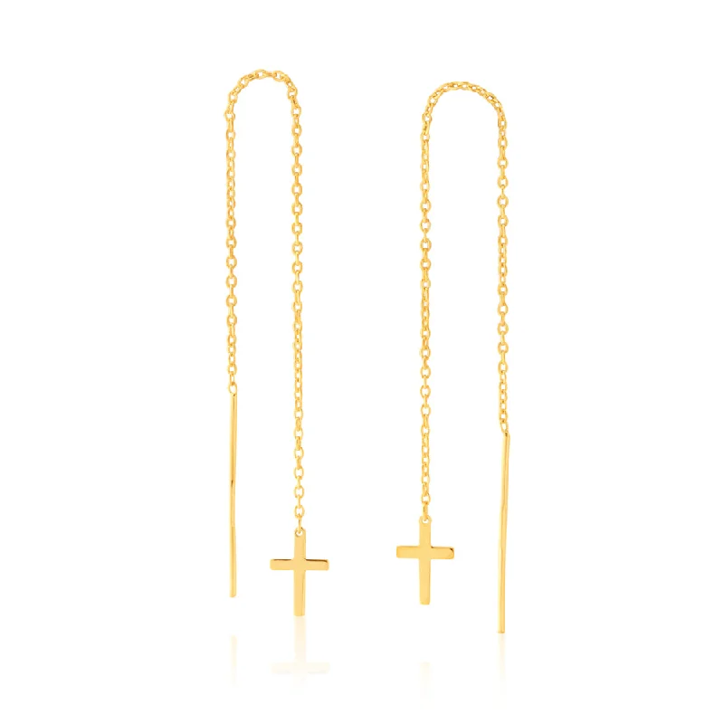 Affordable Silver Earrings For Daily Style-9ct Yellow Gold Silver-Filled Cross Threader Earrings