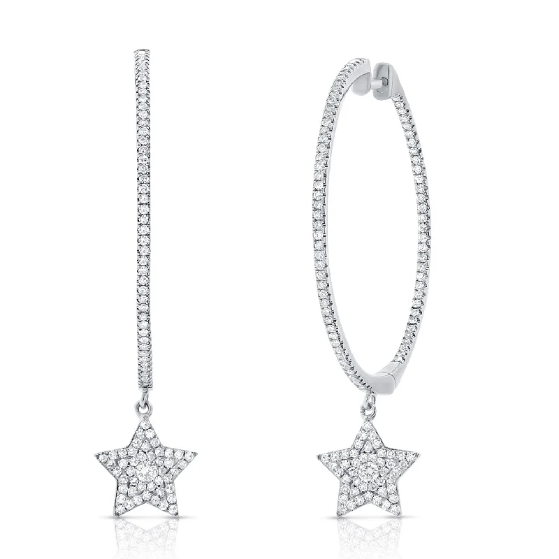 Fashionable Earrings For Young Women-Diamond Hoop Earrings with Celestial Star Dangle Drops set in 14kt Gold