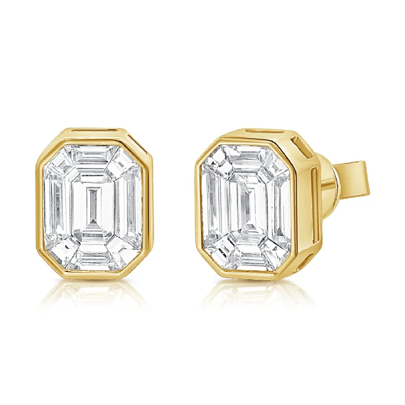 Lightweight Earrings For Comfortable Wear-Illusion Diamond Bezel & Channel Set Stud Earrings