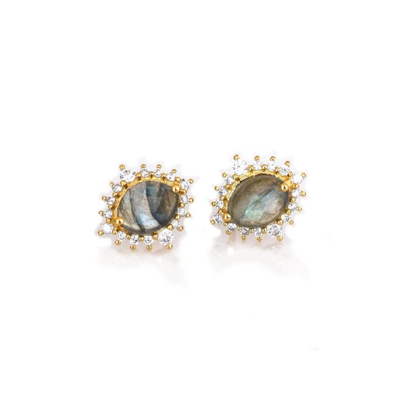 Precious Stone Earrings For Elegant Style-Labradorite and Diamond Flowerburst Studs