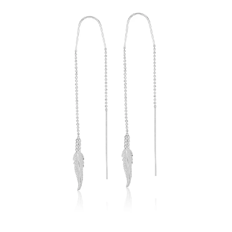 Natural Gemstone Earrings For Organic Style-Sterling Silver Feather Threader Earrings