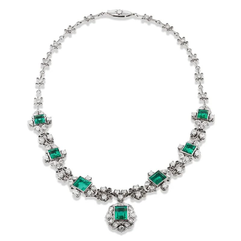 Rare Emerald and Old European Cut Diamond Necklace