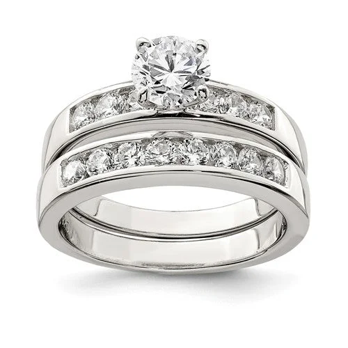 Bold Statement Rings For Fashion-Forward Women-Sterling Silver 2 Piece CZ Round Channel Set Promise Wedding Ring Set