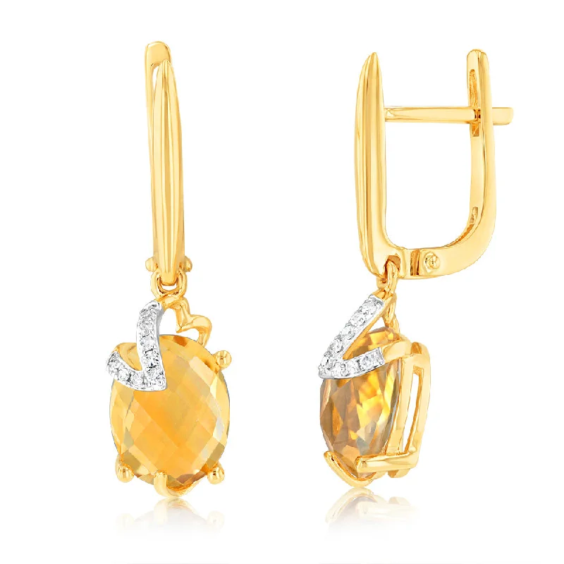 Floral Earrings For Feminine Touch-9ct Yellow Gold Natural Citrine And Diamond Drop Earrings