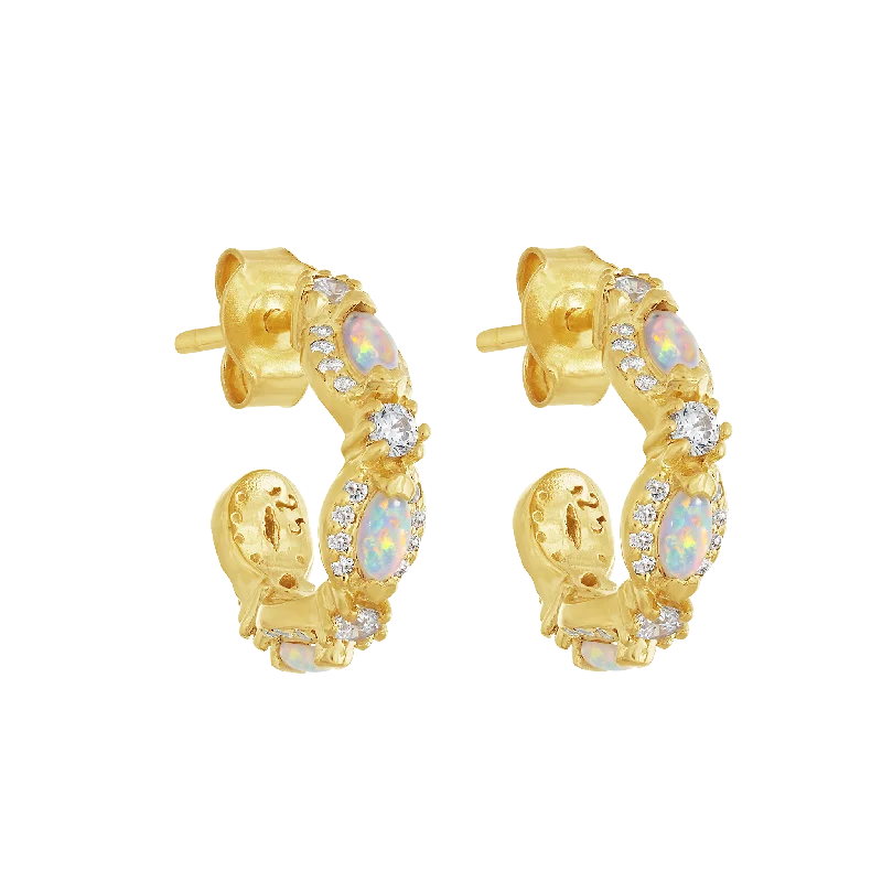 Fashion Earrings For Casual Gatherings-Mini Opal & Diamond Marquis Hoops