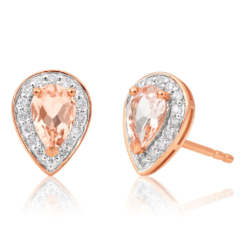 Creative Earrings For Artistic Looks-9ct Rose Gold 6x4mm Pear Morganite and 0.15ct Diamond Stud Earrings