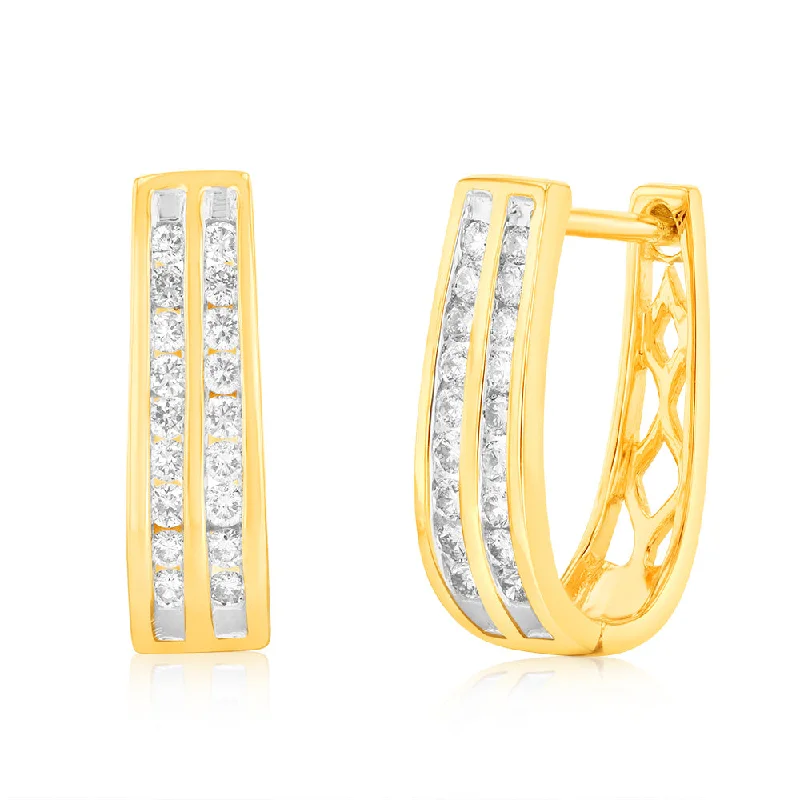 Unique Statement Earrings For Bold Fashion-9ct Yellow Gold 1/2 Carat Diamond Double Row Hoop Earrings