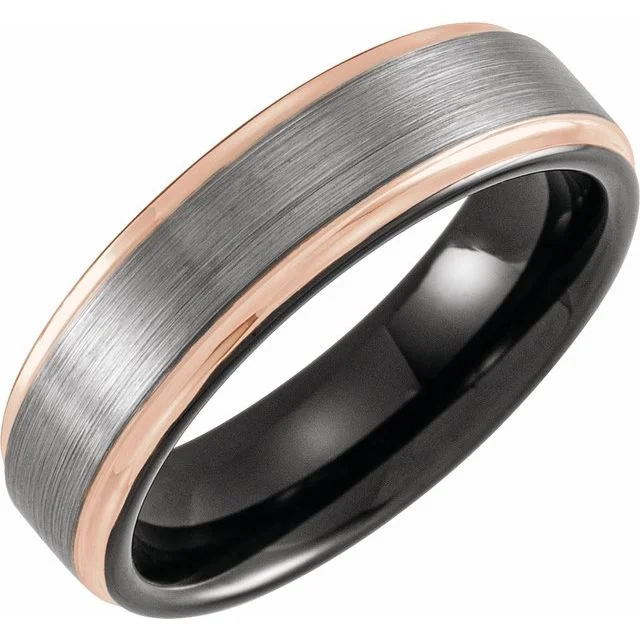 Luxury Rings For Special Occasions-Black & 18K Rose Gold PVD Tungsten 6 mm Grooved Band with Satin Finish