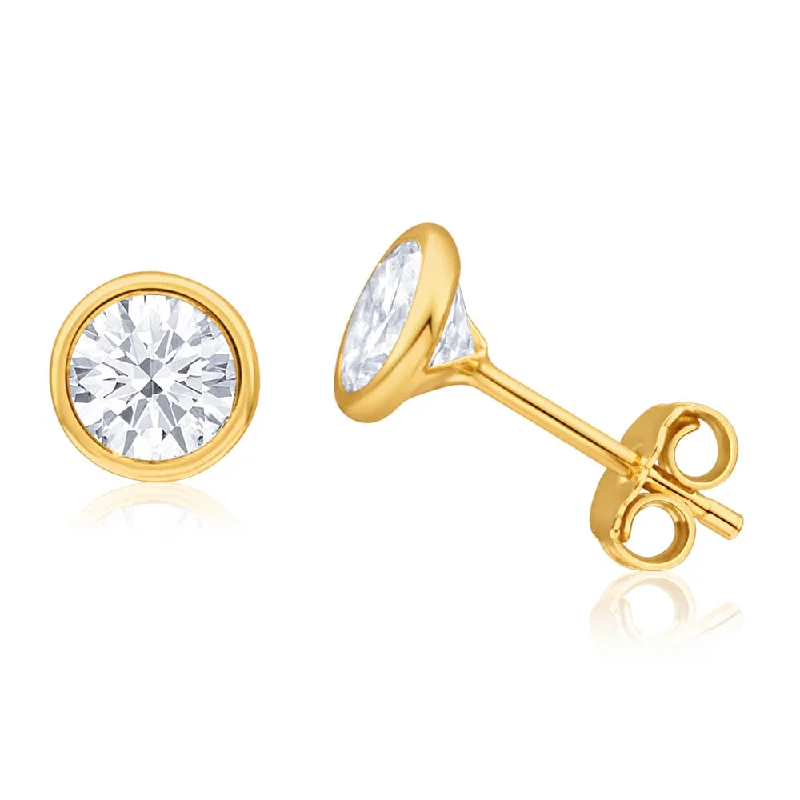 Clear Crystal Earrings For Sparkling Days-9ct Yellow Gold Silver Filled Cubic Zirconia 6mm Round Stud Earrings